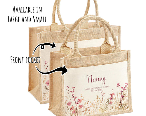 Nanny Gift Personalised Jute Bag - Pink Floral Tote Bag Gift for Grandma Nan - Custom Shopping Market Bag - Nanny Bag for Nan Birthday BT003