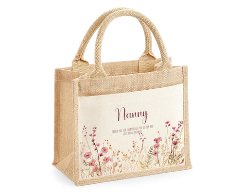 Nanny Gift Personalised Jute Bag - Pink Floral Tote Bag Gift for Grandma Nan - Custom Shopping Market Bag - Nanny Bag for Nan Birthday BT003
