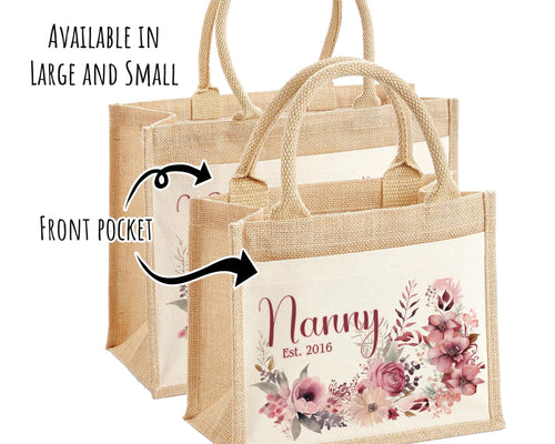 Nanny Gift Personalised Jute Bag - Floral Pink Tote Bag Gift for Grandma Nan - Custom Shopping Market Bag - Nanny Bag for Nan Birthday BT005
