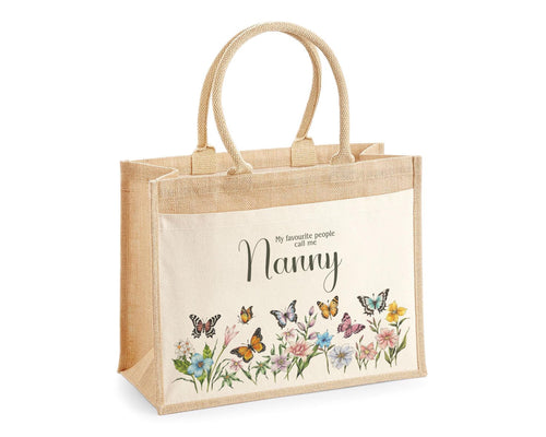 Nanny Gift Personalised Jute Bag - Butterfly Wild Flowers Tote Bag Gift for Grandma Nan - Custom Shopping Market Bag - Nans Birthday BT007
