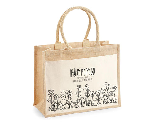 Nanny Gift Personalised Jute Bag - Floral Doodle Tote Bag Gift for Grandma Nan - Custom Shopping Market Bag for Nans Birthday Hearts BT008