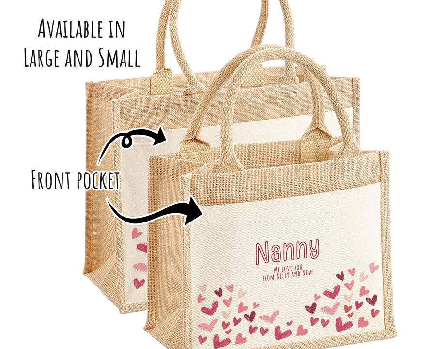 Nanny Gift Personalised Jute Bag - Love Heart Tote Bag Gift for Grandma Nan - Custom Shopping Market Bag - Nanny Bag for Nans Birthday BT009