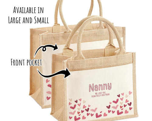 Nanny Gift Personalised Jute Bag - Love Heart Tote Bag Gift for Grandma Nan - Custom Shopping Market Bag - Nanny Bag for Nans Birthday BT009