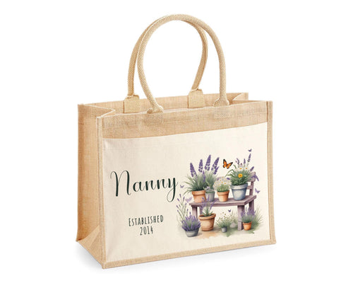 Nanny Gift Personalised Jute Bag - Garden Plants Tote Bag Design Gift for Grandma Nan - Custom Shopping Market Bag for Nans Birthday BT010