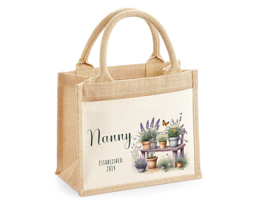 Nanny Gift Personalised Jute Bag - Garden Plants Tote Bag Design Gift for Grandma Nan - Custom Shopping Market Bag for Nans Birthday BT010