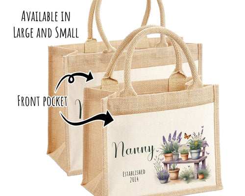 Nanny Gift Personalised Jute Bag - Garden Plants Tote Bag Design Gift for Grandma Nan - Custom Shopping Market Bag for Nans Birthday BT010