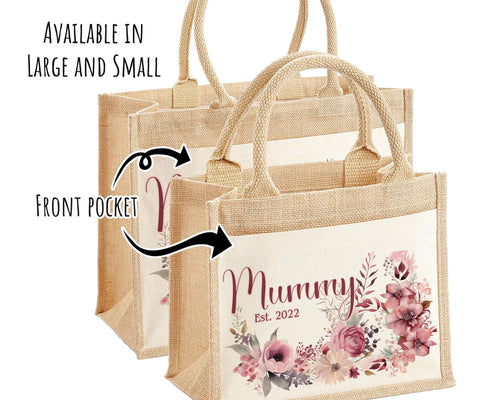 Mummy Gift Personalised Jute Bag -  Mothers Day Gift Floral Tote Bag Gift for Mum Mama - Custom Shopping Market Bag - Mummy Bag BT005