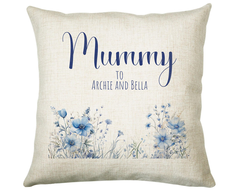 Mummy Gift Cushion - Personalised Scatter Cushion Pillow for Her Women - Blue Wild Flower Design with Custom Name for Mum Mothers Day BC002