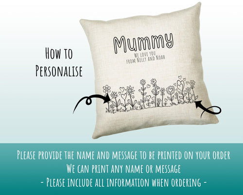 Mummy Gift Cushion - Personalised Scatter Cushion Pillow for Her Women - Hearts Flowers Custom Name Mama Gift for Mum Mothers Day BC008