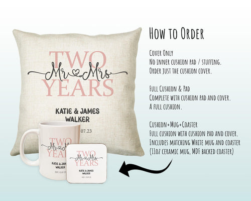 2nd Wedding Anniversary Gift for Him for Her - Second Cotton Anniversary Gift Cushion Personalised with Names Date Mr and Mrs Married BNJ02C