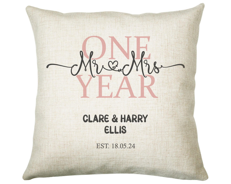 1st Wedding Anniversary Gift for Him for Her - First Cotton Anniversary Gift Cushion Personalised with Names Date Mr and Mrs Married BNJ01C