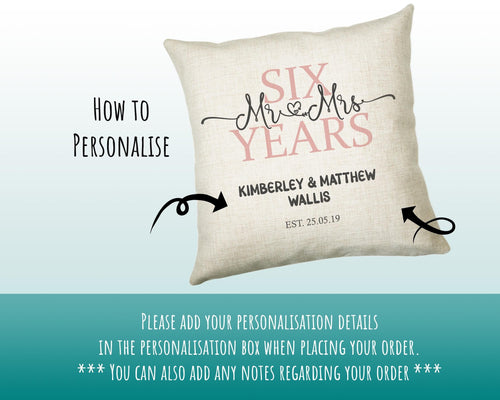 6th Wedding Anniversary Gift for Him for Her - Sixth Cotton Anniversary Gift Cushion Personalised with Names Date Mr and Mrs Married BNJ06C
