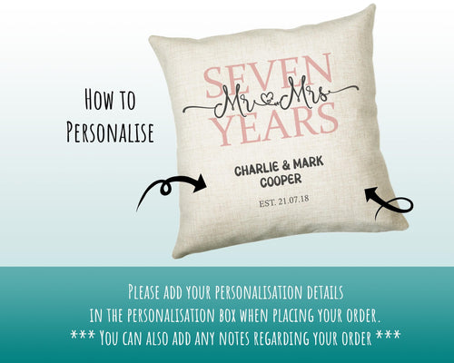 7th Wedding Anniversary Gift for Him for Her - Seventh Cotton Anniversary Gift Cushion Personalised with Names Date Mr and Mrs Married BNJ07
