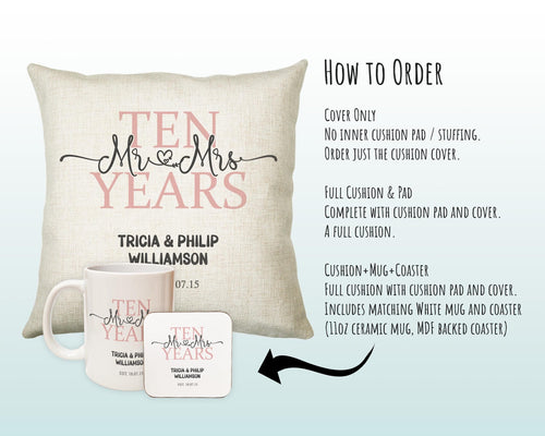 10th Wedding Anniversary Gift for Him for Her - Tenth Cotton Anniversary Gift Cushion Personalised with Names Date Mr and Mrs Married BNJ10C
