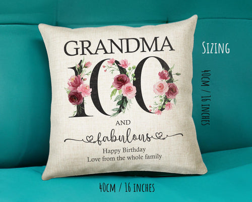 100th Birthday Gift for Women - Personalised 100 and Fabulous Birthday Cushion Age 100 Gift for Her - Ladies Floral Age Grandma Nan BNK100C