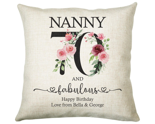 70th Birthday Gift for Women - Personalised 70 and Fabulous Birthday Cushion Age 70 Gift for Her - Ladies Floral Age Mum Nan Seventy BNK70C