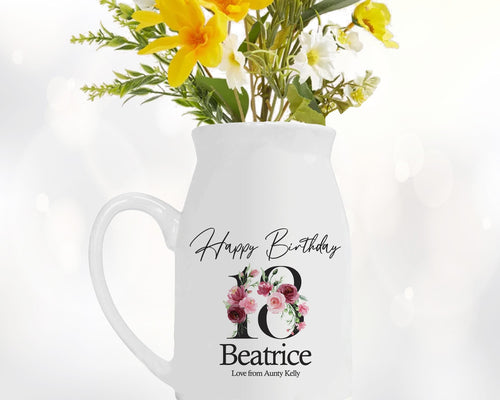 18th Birthday Gift for Her - Happy Birthday 18 Small Personalised Flower Pot Vase 2008 Gift for Women Floral Design Daughter Sister BNA18