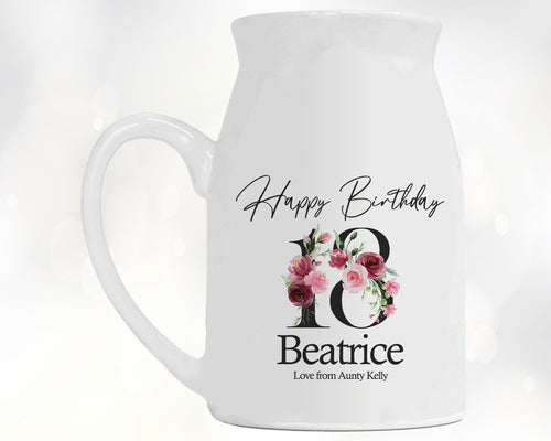 18th Birthday Gift for Her - Happy Birthday 18 Small Personalised Flower Pot Vase 2008 Gift for Women Floral Design Daughter Sister BNA18