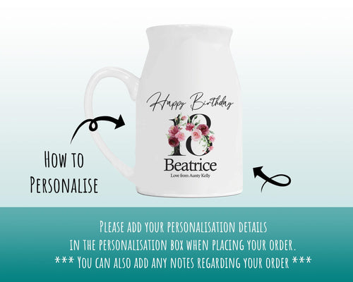 18th Birthday Gift for Her - Happy Birthday 18 Small Personalised Flower Pot Vase 2008 Gift for Women Floral Design Daughter Sister BNA18
