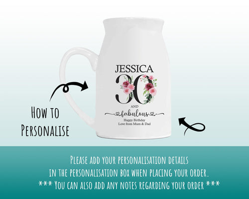 30th Birthday Gift for Her - 30 and Fabulous Small Personalised Flower Pot Vase 1996 Gifts for Women Floral Design Daughter Sister BNK30