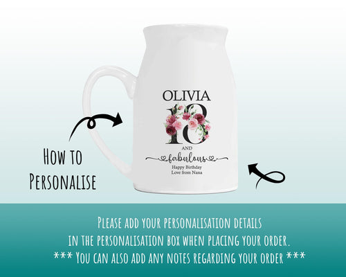 18th Birthday Gift for Her - 18 and Fabulous8 Small Personalised Flower Pot Vase 2008 Gift for Women Floral Design Daughter Sister BNK18