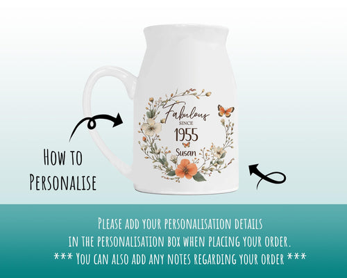 70th Birthday Gift for Women - Fabulous Since 1955 Small Personalised Flower Pot Vase 70 Gift for Her Ladies Floral Design Nan Gran BNL70