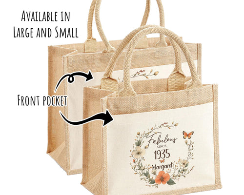 90th Birthday Gift For Women Personalised Jute Bag - Gift For Her Floral Tote Bag Gifts - Ninety 90 Fabulous Since 1935 Shopping Bag BNL90T