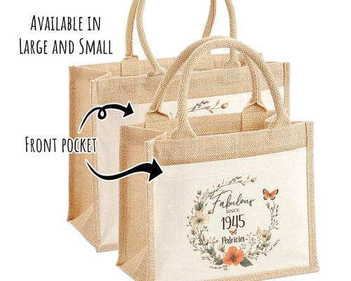 80th Birthday Gift For Women Personalised Jute Bag - Gift For Her Floral Tote Bag Gifts - Eighty 80 Fabulous Since 1945 Shopping Bag BNL80T
