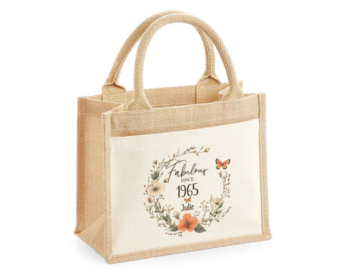 60th Birthday Gift For Women Personalised Jute Bag - Gift For Her Floral Tote Bag Gifts - Sixty 60 Fabulous Since 1965 Shopping Bag BNL60T