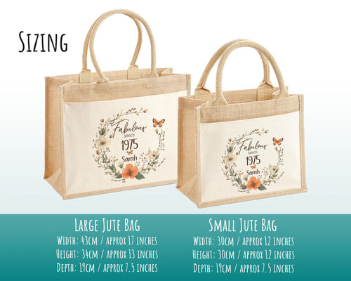 50th Birthday Gift For Women Personalised Jute Bag - Gift For Her Floral Tote Bag Gifts - Fifty 50 Fabulous Since 1975 Shopping Bag BNL50T