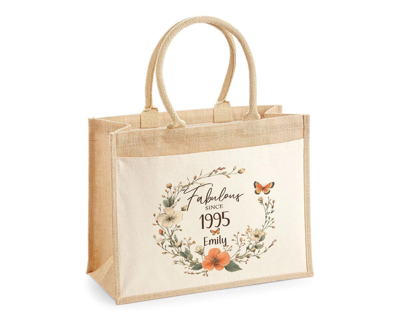 30th Birthday Gift For Her Personalised Jute Bag - Gift For Women Floral Tote Bag Gifts - Thirty 30 Fabulous Since 1995 Shopping Bag BNL30T