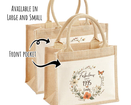 30th Birthday Gift For Her Personalised Jute Bag - Gift For Women Floral Tote Bag Gifts - Thirty 30 Fabulous Since 1995 Shopping Bag BNL30T