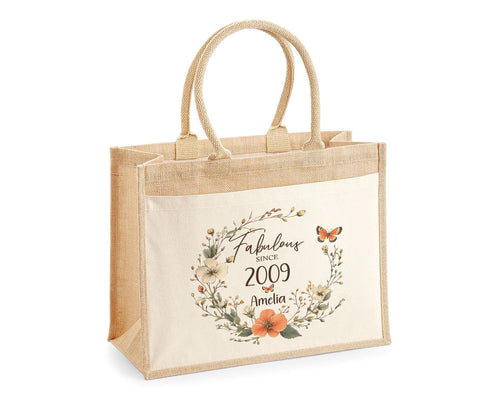 16th Birthday Gift For Her Personalised Jute Bag - Gift For Women Floral Tote Bag Gift - Sixteen 16 Fabulous Since 2010 Shopping Bag BNL16T