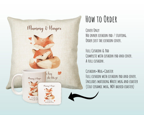 Mum Gift from Son Daughter - Personalised Fox Design Mummy Scatter Cushion Matching Mummy Mug Coaster Gift Set Bundle Gifts for Mum SMC004