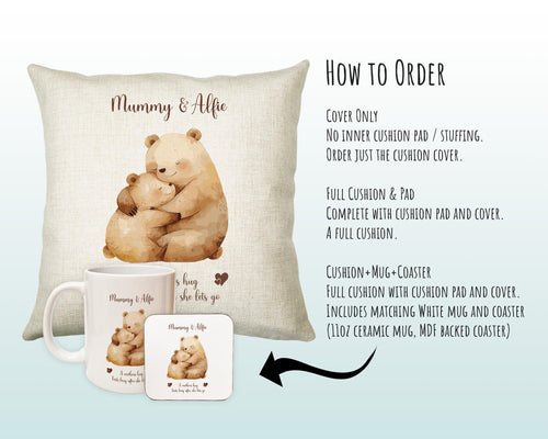 Mum Gift from Son Daughter - Personalised Bear Design Mummy Scatter Cushion Matching Mummy Mug Coaster Gift Set Bundle Gifts for Mum SMC005