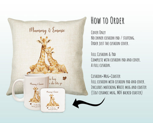 Mum Gift from Son Daughter - Personalised Giraffe Design Mummy Scatter Cushion Matching Mummy Mug Coaster Gift Bundle Gifts for Mum SMC007