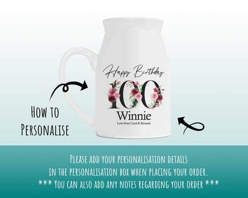 100th Birthday Gift for Women - Happy Birthday 100 Small Personalised Flower Pot Vase 1926 Gift for Her Ladies Floral Design Grandma BNA100