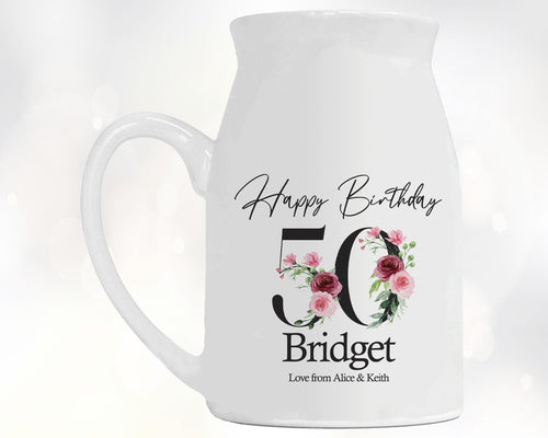 50th Birthday Gift for Women - Happy Birthday 50 Small Personalised Flower Pot Vase 1976 Gift for Her Ladies Floral Design Mum Nan BNA50
