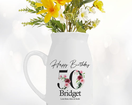50th Birthday Gift for Women - Happy Birthday 50 Small Personalised Flower Pot Vase 1976 Gift for Her Ladies Floral Design Mum Nan BNA50