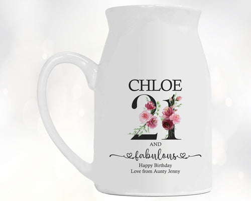 21st Birthday Gift for Her - 21 and Fabulous Small Personalised Flower Pot Vase 2005 Gift for Women Floral Design Daughter Sister BNK21