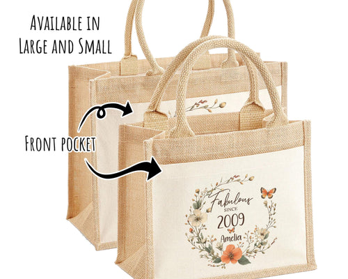 16th Birthday Gift For Her Personalised Jute Bag - Gift For Women Floral Tote Bag Gift - Sixteen 16 Fabulous Since 2010 Shopping Bag BNL16T