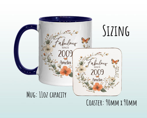 16th Birthday Gift for Her - Fabulous Since 2010 Personalised Mug Coaster Age 16 Gift for Women Ladies Floral Butterfly Daughter Girl BNL16M