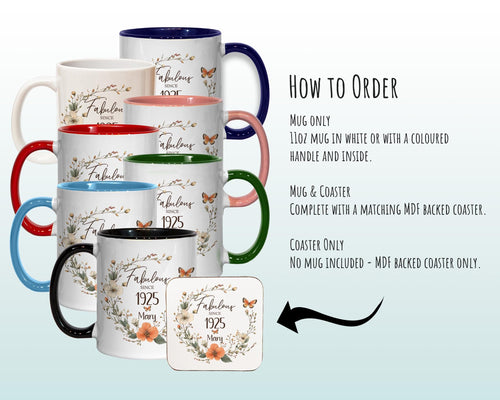 100th Birthday Gift for Women - Fabulous Since 1926 Personalised Mug Coaster Age 100 Gift for Her Ladies Floral Butterfly Mum Nan BNL100M