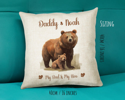 Fathers Day Gift from Son Daughter - Personalised Bear Design Scatter Cushion Matching Daddy Mug Coaster Gift Bundle Gifts for Dad FD001