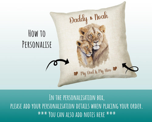 Fathers Day Gift from Son Daughter - Personalised Lion Design Scatter Cushion Matching Daddy Mug Coaster Gift Bundle Gifts for Dad FD002