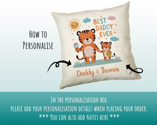 Fathers Day Gift from Son Daughter - Personalised Tiger Design Scatter Cushion Matching Daddy Mug Coaster Gift Bundle Gifts for Dad FD003