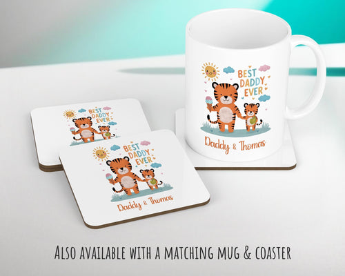Fathers Day Gift from Son Daughter - Personalised Tiger Design Scatter Cushion Matching Daddy Mug Coaster Gift Bundle Gifts for Dad FD003