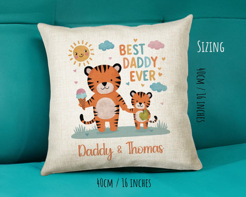 Fathers Day Gift from Son Daughter - Personalised Tiger Design Scatter Cushion Matching Daddy Mug Coaster Gift Bundle Gifts for Dad FD003