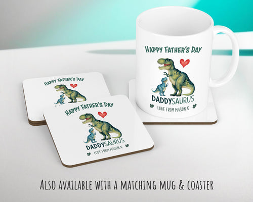 Fathers Day Gift from Son Daughter - Personalised Dinosaur Daddysaurus Design Cushion Matching Daddy Mug Coaster Gift Bundle for Dad FD004