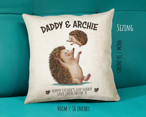 Fathers Day Gift from Son Daughter - Personalised Hedgehog Design Scatter Cushion Matching Daddy Mug Coaster Gift Bundle Gifts for Dad FD008